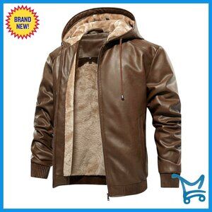 Men's Faux Leather Bomber Jacket with Fleece Lining and Hood